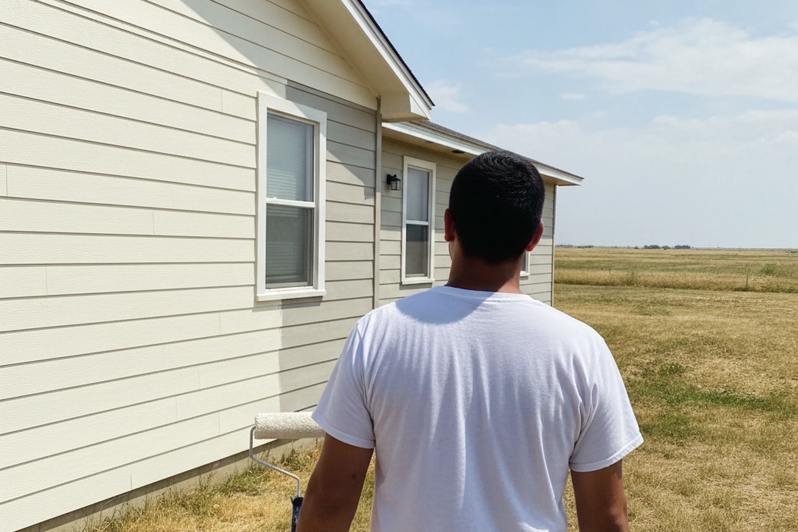 House painter Brad reviewing freshly painted exterior siding Enid Oklahoma Garfield County named owner residential