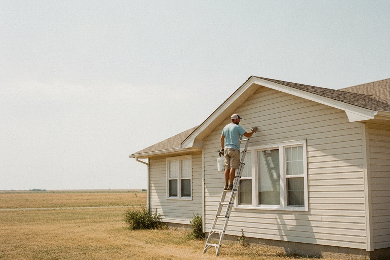 House painter on ladder painting trim Enid Oklahoma Garfield County ranch home Brad flat prairie landscape